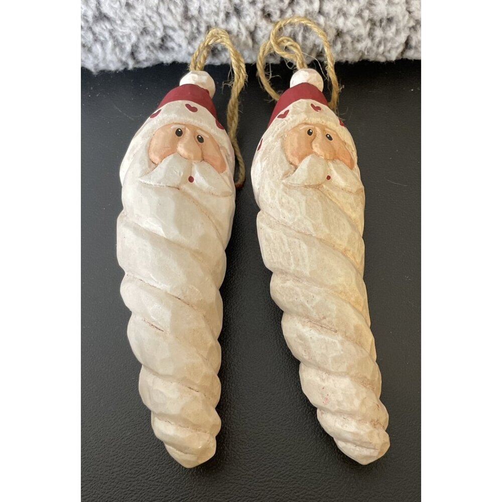 Wood Style Spiral Shaped Santa Claus Holiday Christmas Ornaments Set Of 2 Hearts